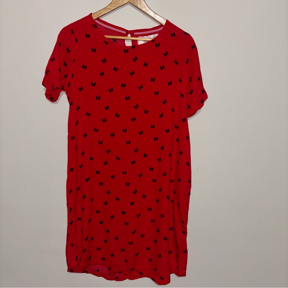 Disney Minnie Mouse Red Crepe Shift Mini Dress with Pockets Black Bows Wms Sz S